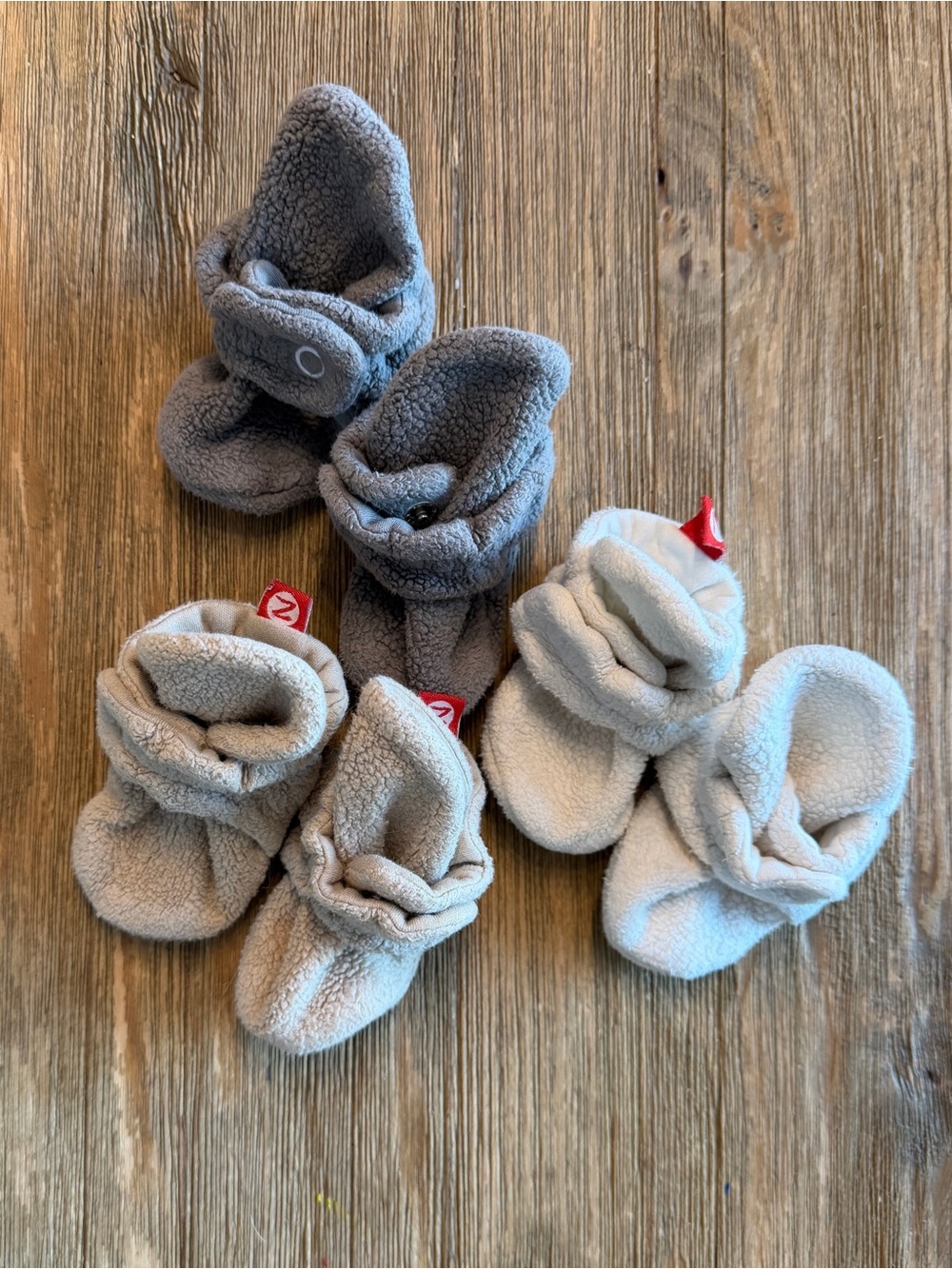 Zutano Cozy Fleece Baby Booties in Gray, Cream and Tan